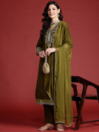 Indo Era Green Embroidered Straight Kurta Trousers With Dupatta set | Grocsy