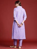 Indo Era Lavender Printed A-Line Kurta Trousers set | Grocsy