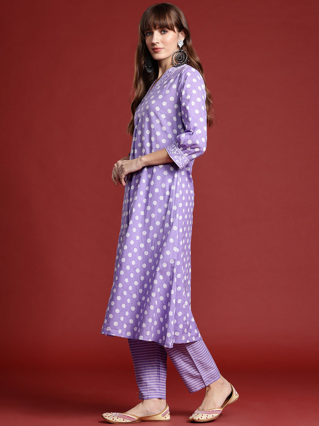 Indo Era Lavender Printed A-Line Kurta Trousers set | Grocsy