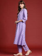 Indo Era Lavender Printed A-Line Kurta Trousers set | Grocsy