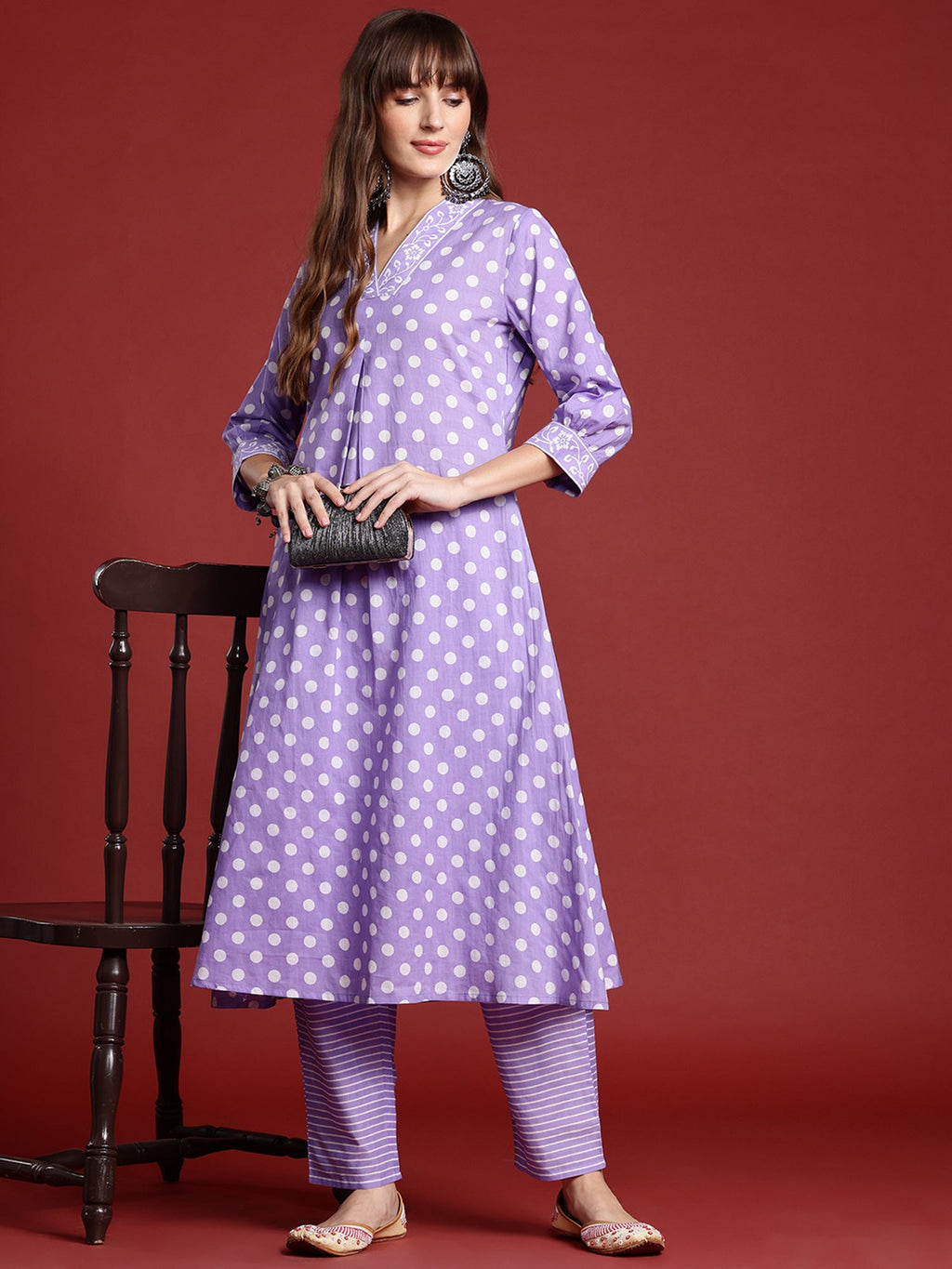 Indo Era Lavender Printed A-Line Kurta Trousers set | Grocsy