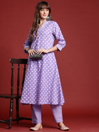 Indo Era Lavender Printed A-Line Kurta Trousers set | Grocsy