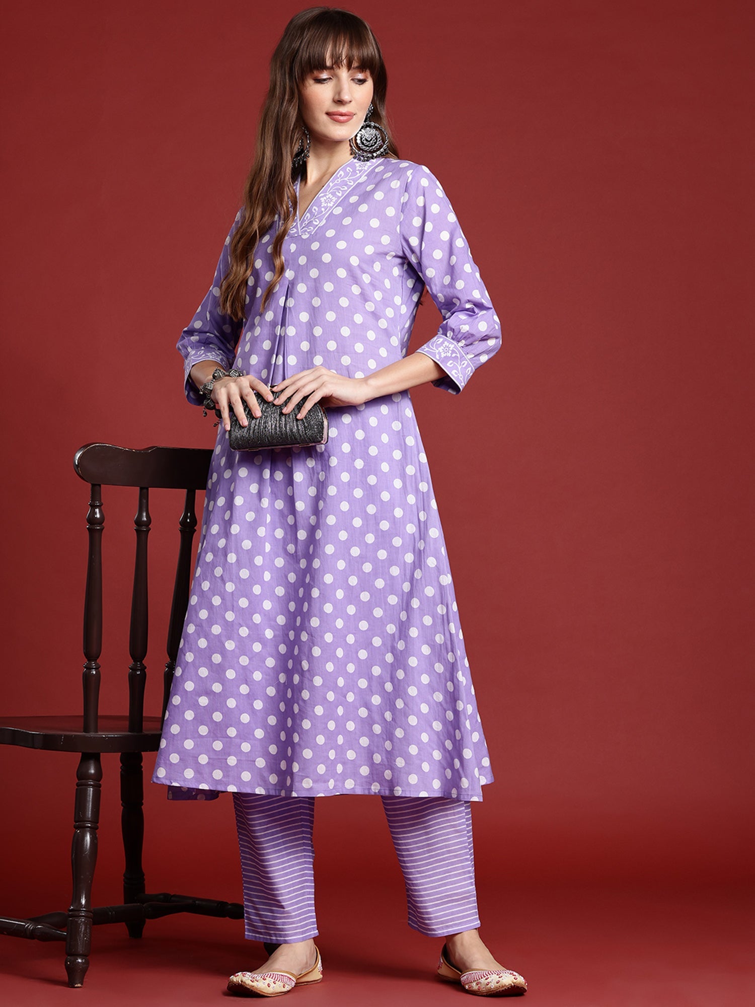 Indo Era Lavender Printed A-Line Kurta Trousers set | Grocsy