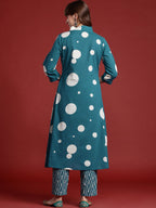 Indo Era Teal Printed A-Line Kurta Trousers set | Grocsy