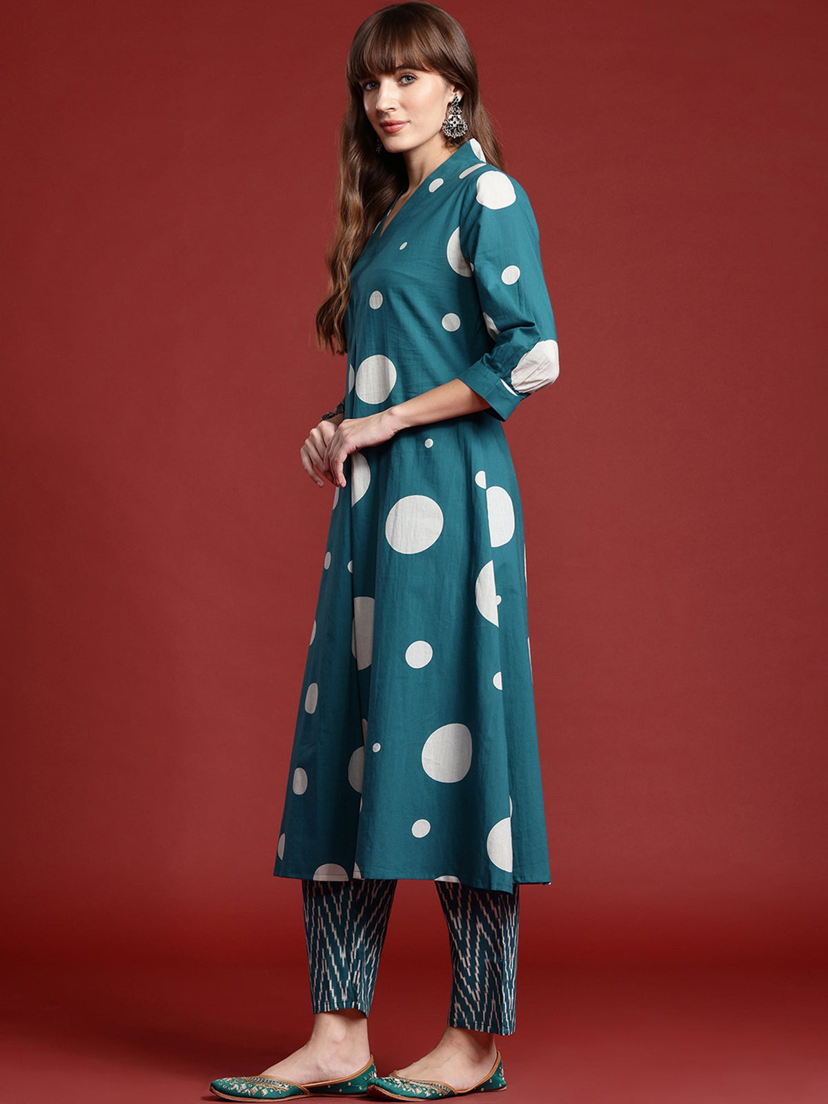 Indo Era Teal Printed A-Line Kurta Trousers set | Grocsy