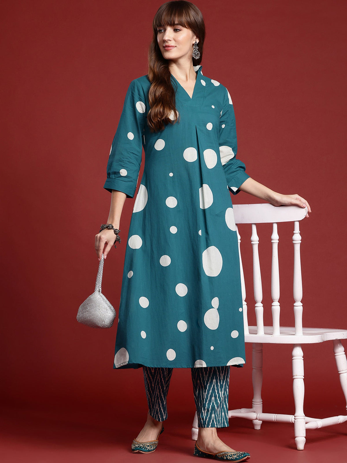 Indo Era Teal Printed A-Line Kurta Trousers set | Grocsy