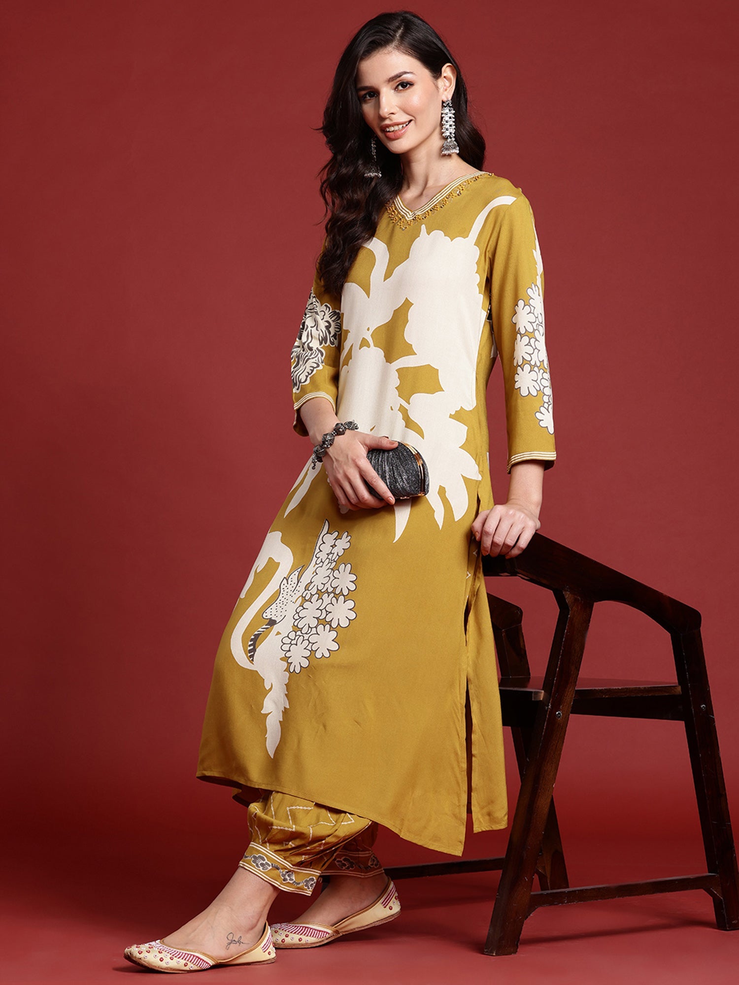 Indo Era Mustard Printed A-Line Kurta Salwar set | Grocsy