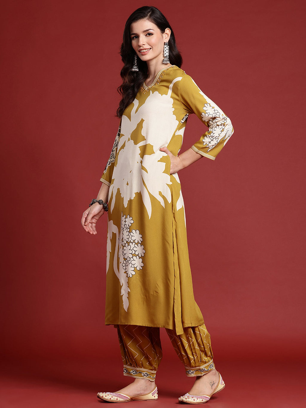Indo Era Mustard Printed A-Line Kurta Salwar set | Grocsy