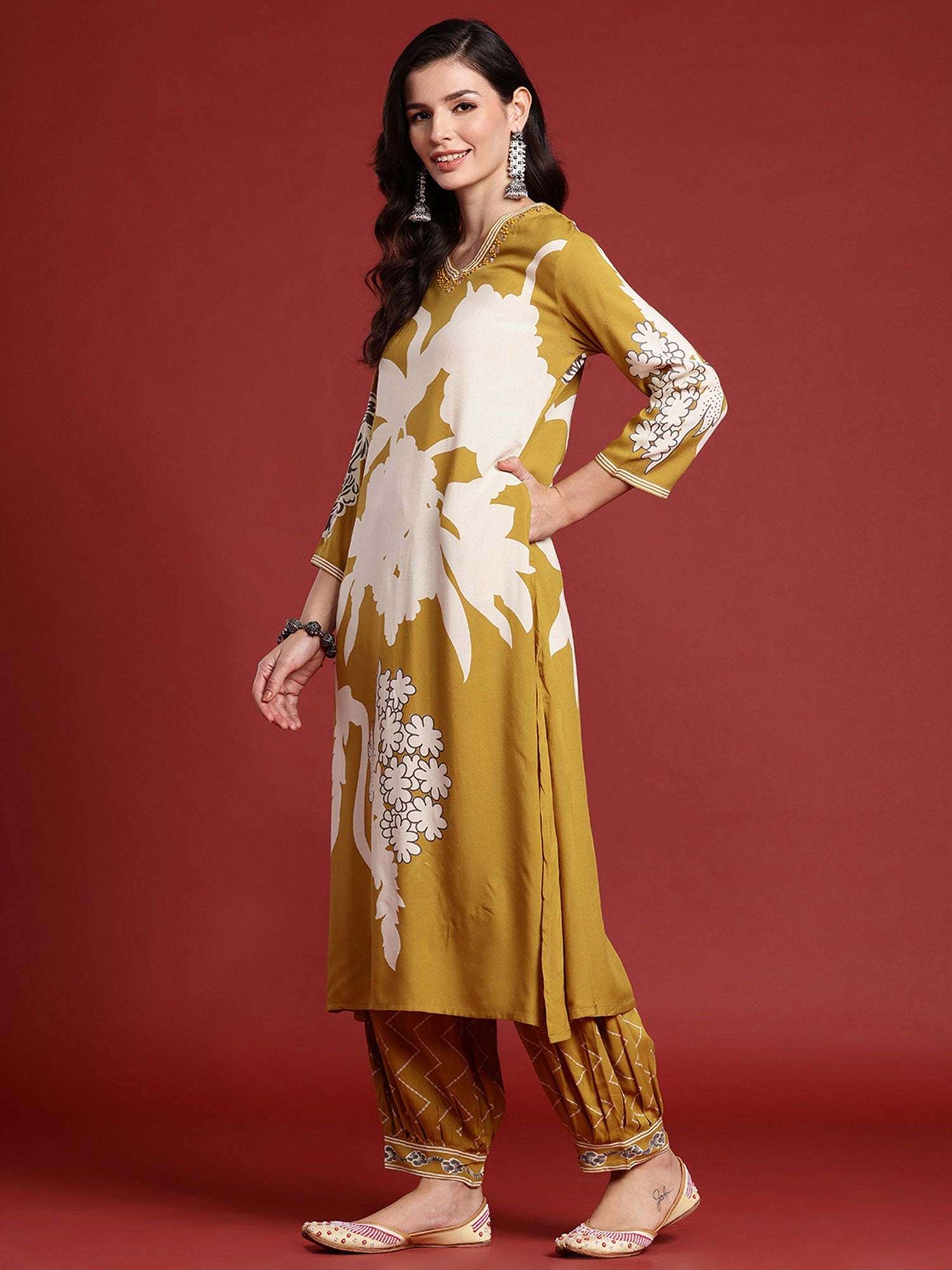 Indo Era Mustard Printed A-Line Kurta Salwar set | Grocsy
