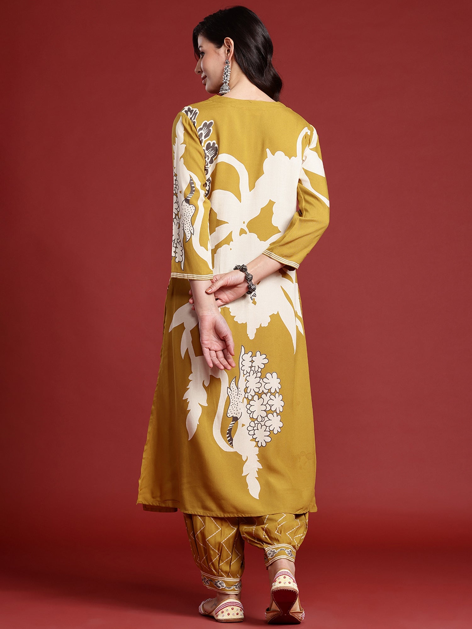 Indo Era Mustard Printed A-Line Kurta Salwar set | Grocsy