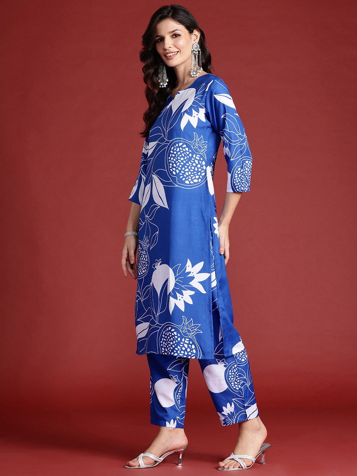 Indo Era Blue Printed Straight Kurta Trousers Set | Grocsy