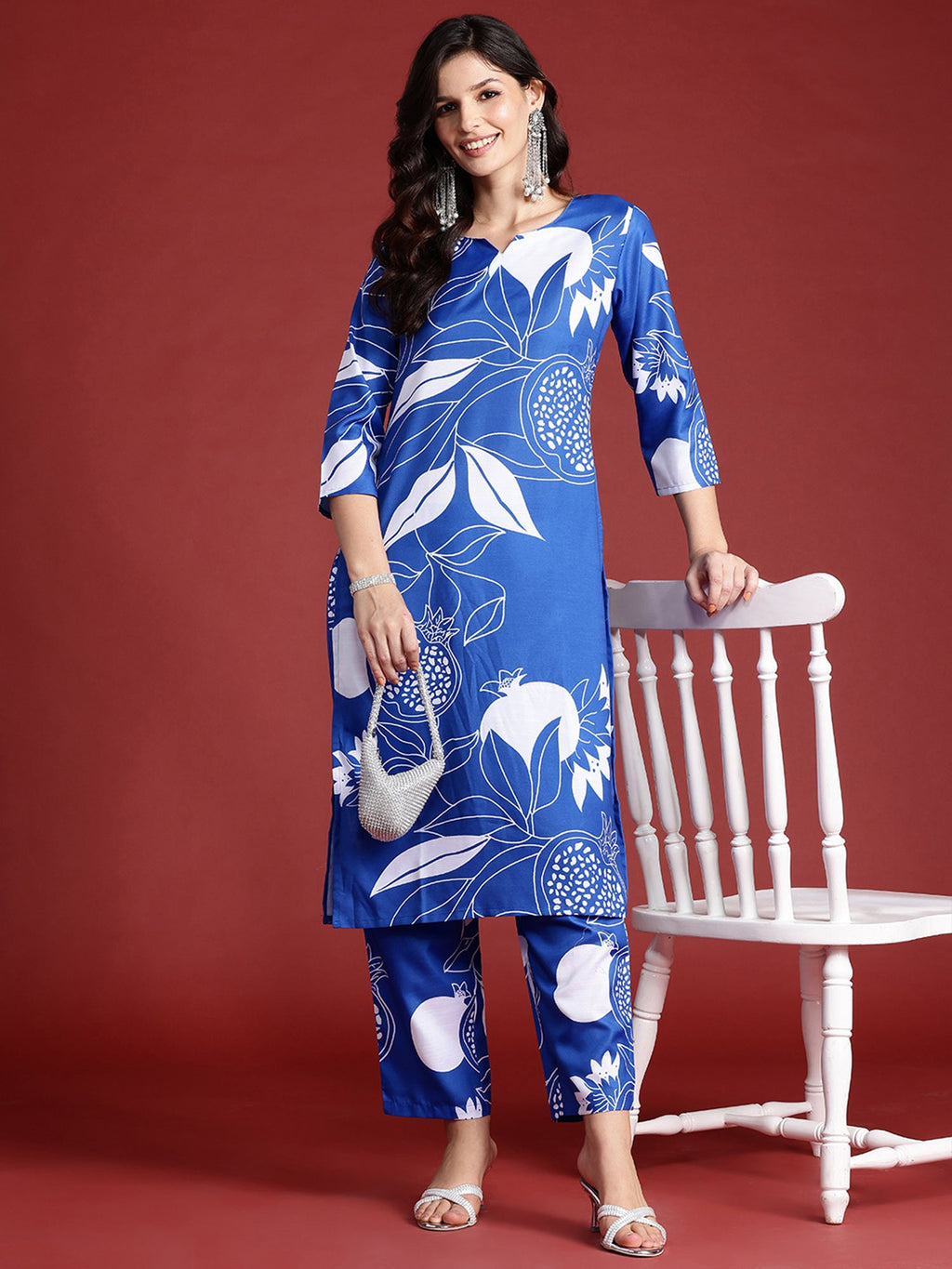 Indo Era Blue Printed Straight Kurta Trousers Set | Grocsy
