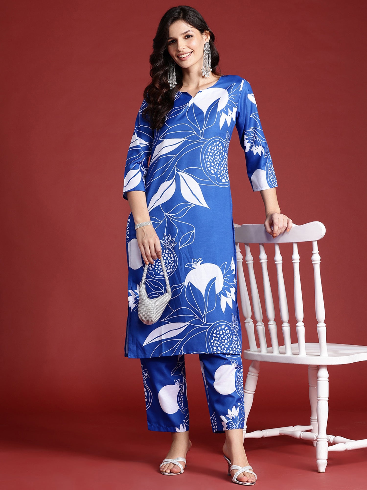 Indo Era Blue Printed Straight Kurta Trousers Set | Grocsy
