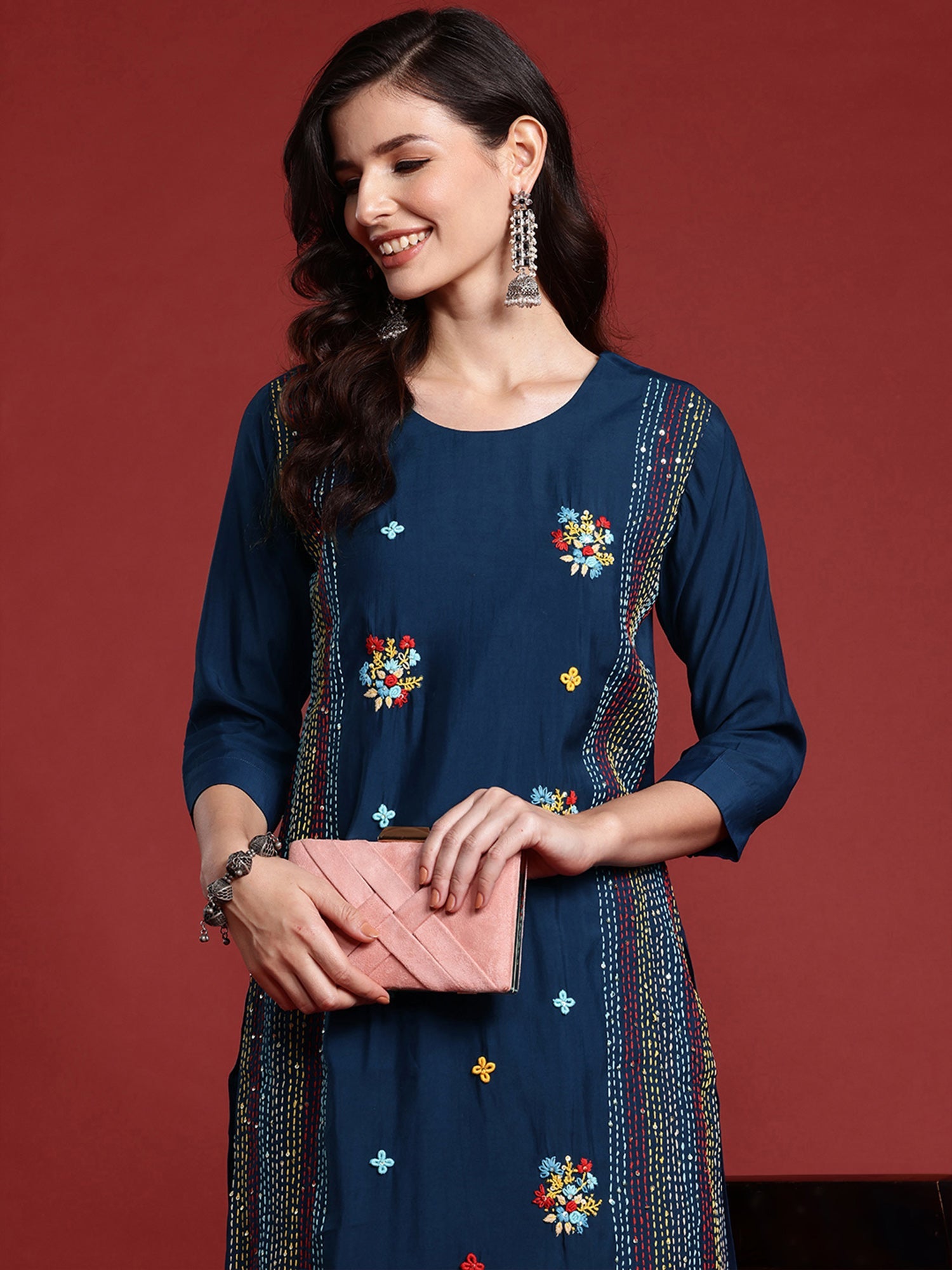 Indo Era Blue Embroidered Straight Kurta Trousers set | Grocsy