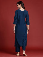Indo Era Blue Embroidered Straight Kurta Trousers set | Grocsy