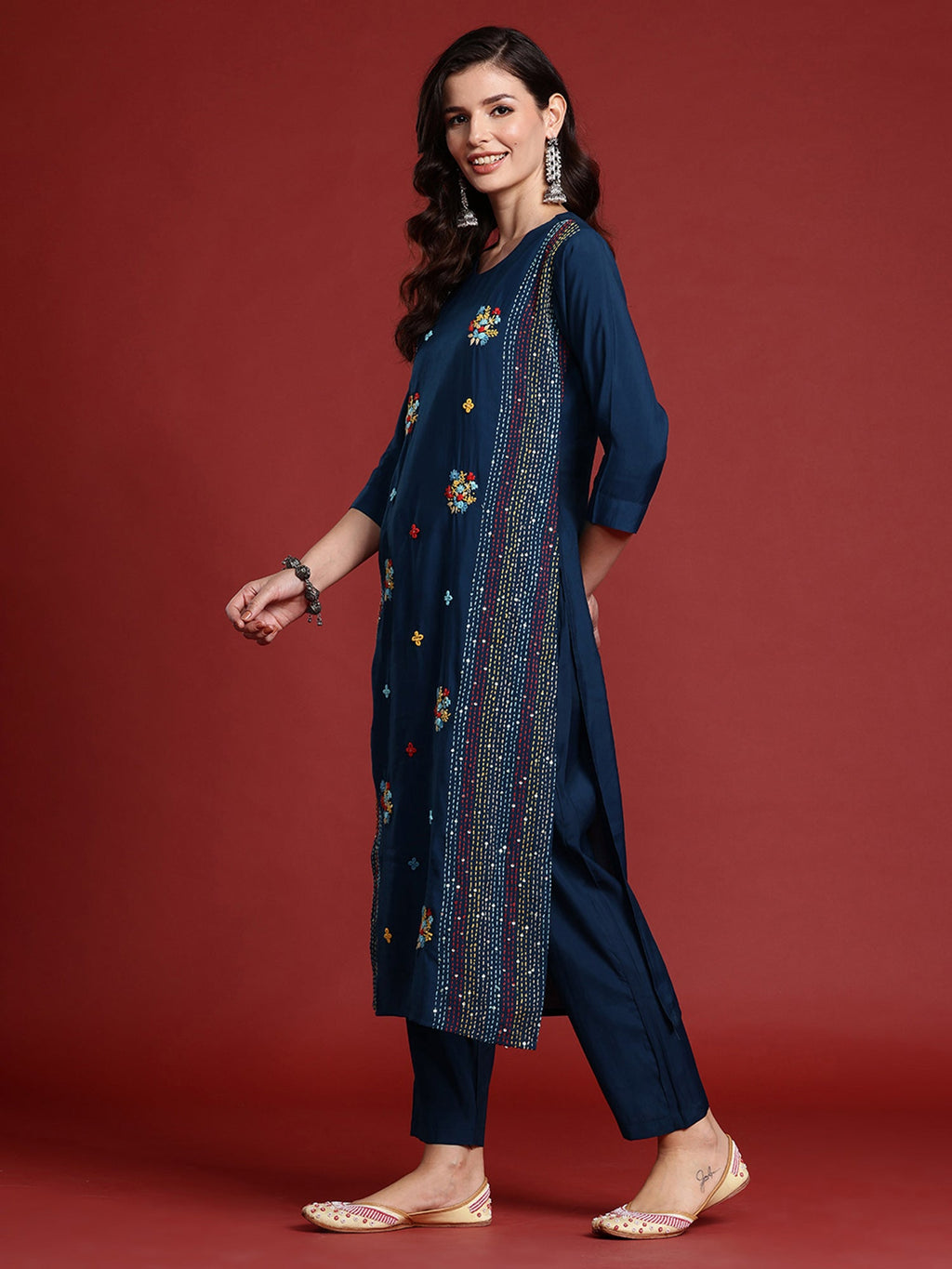 Indo Era Blue Embroidered Straight Kurta Trousers set | Grocsy
