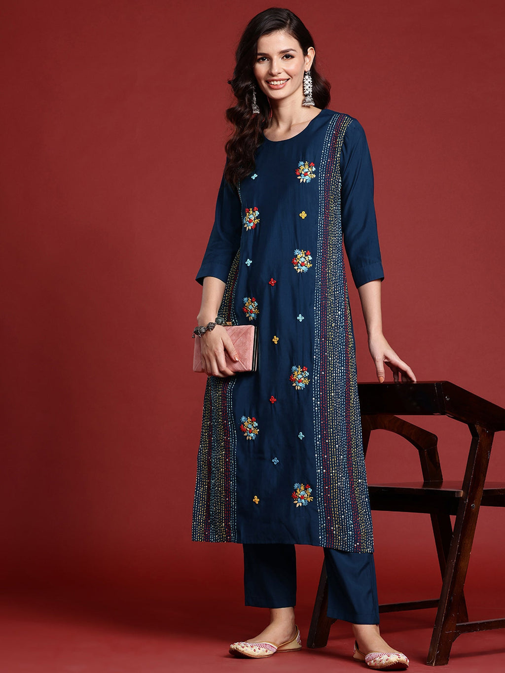 Indo Era Blue Embroidered Straight Kurta Trousers set | Grocsy