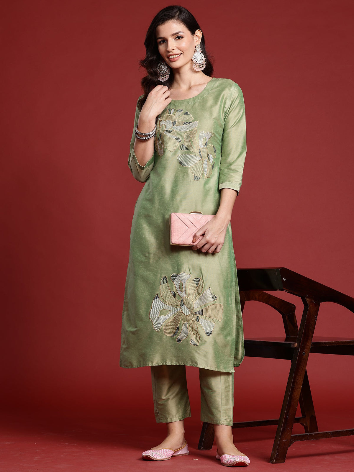 Indo Era Green Embroidered Straight Kurta Trousers set | Grocsy