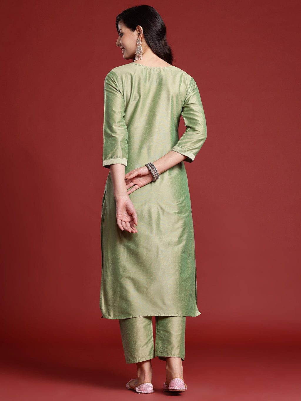 Indo Era Green Embroidered Straight Kurta Trousers set | Grocsy