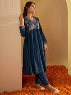 Indo Era Teal Embroidered A-Line Kurta Trousers Set | Grocsy