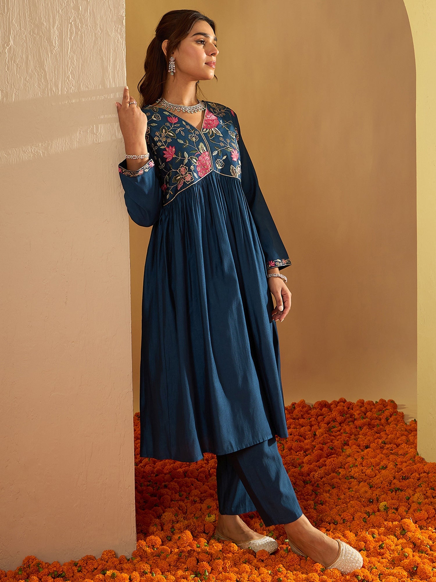 Indo Era Teal Embroidered A-Line Kurta Trousers Set | Grocsy