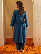 Indo Era Teal Embroidered A-Line Kurta Trousers Set | Grocsy