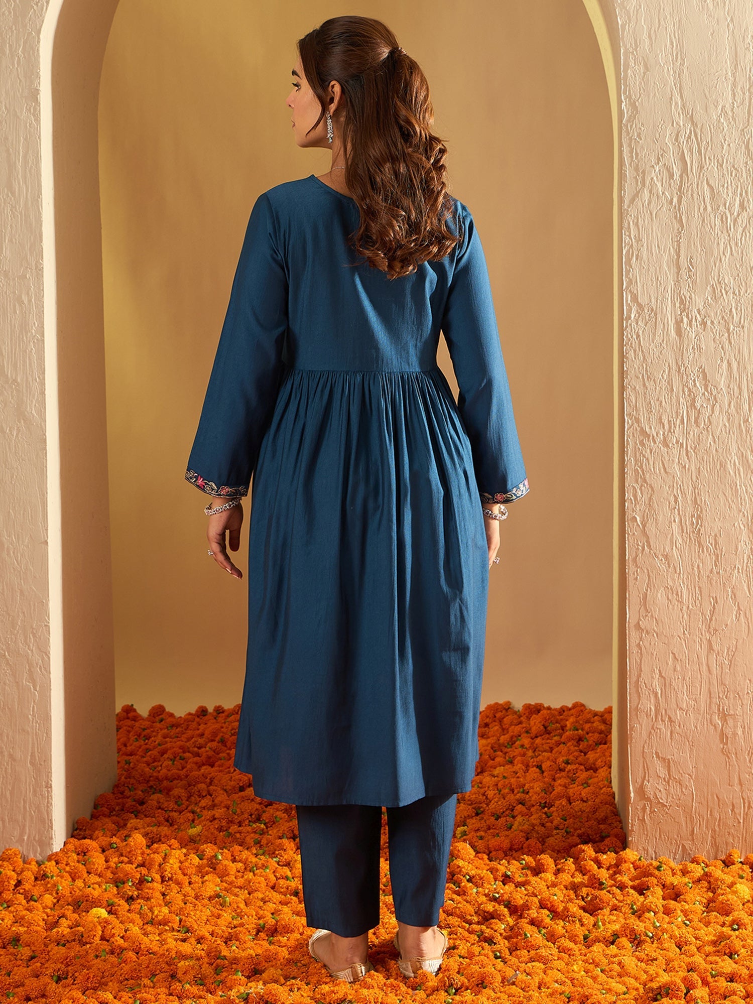 Indo Era Teal Embroidered A-Line Kurta Trousers Set | Grocsy