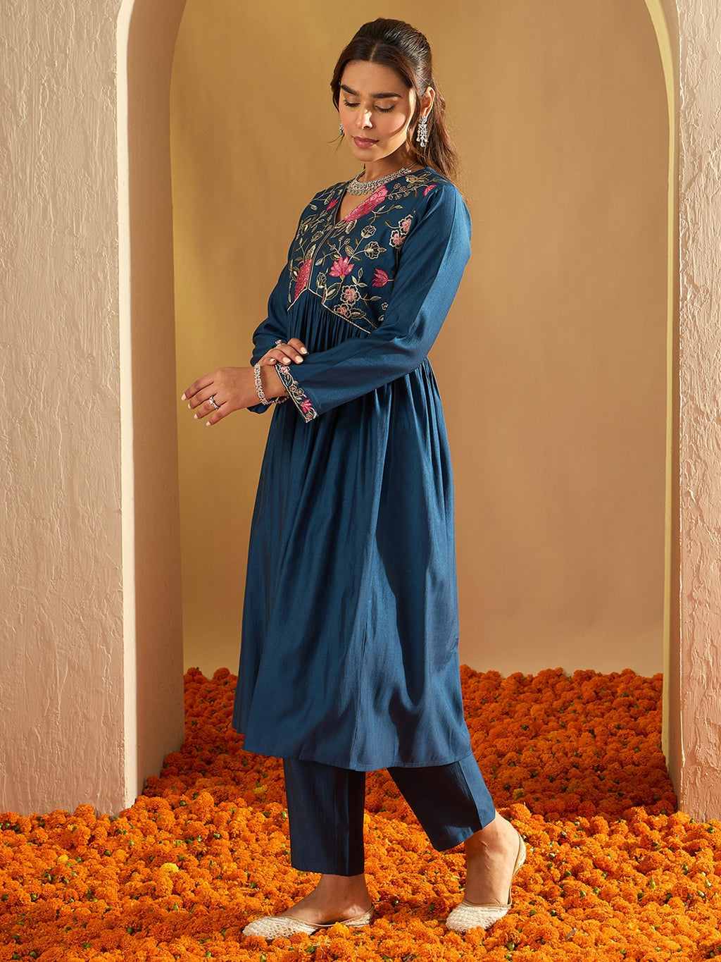 Indo Era Teal Embroidered A-Line Kurta Trousers Set | Grocsy