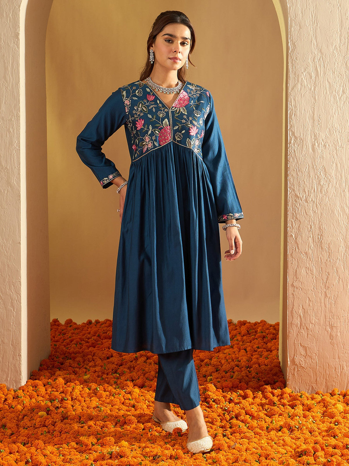 Indo Era Teal Embroidered A-Line Kurta Trousers Set | Grocsy