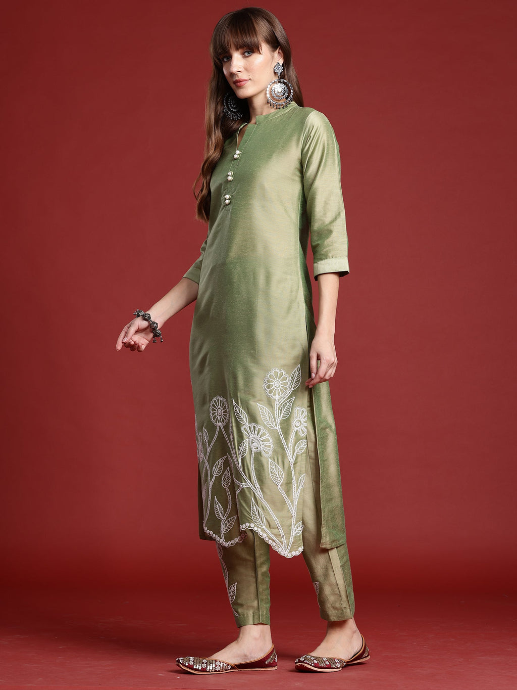 Indo Era Green Embroidered Straight Kurta Trousers set | Grocsy
