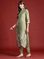 Indo Era Green Embroidered Straight Kurta Trousers set | Grocsy