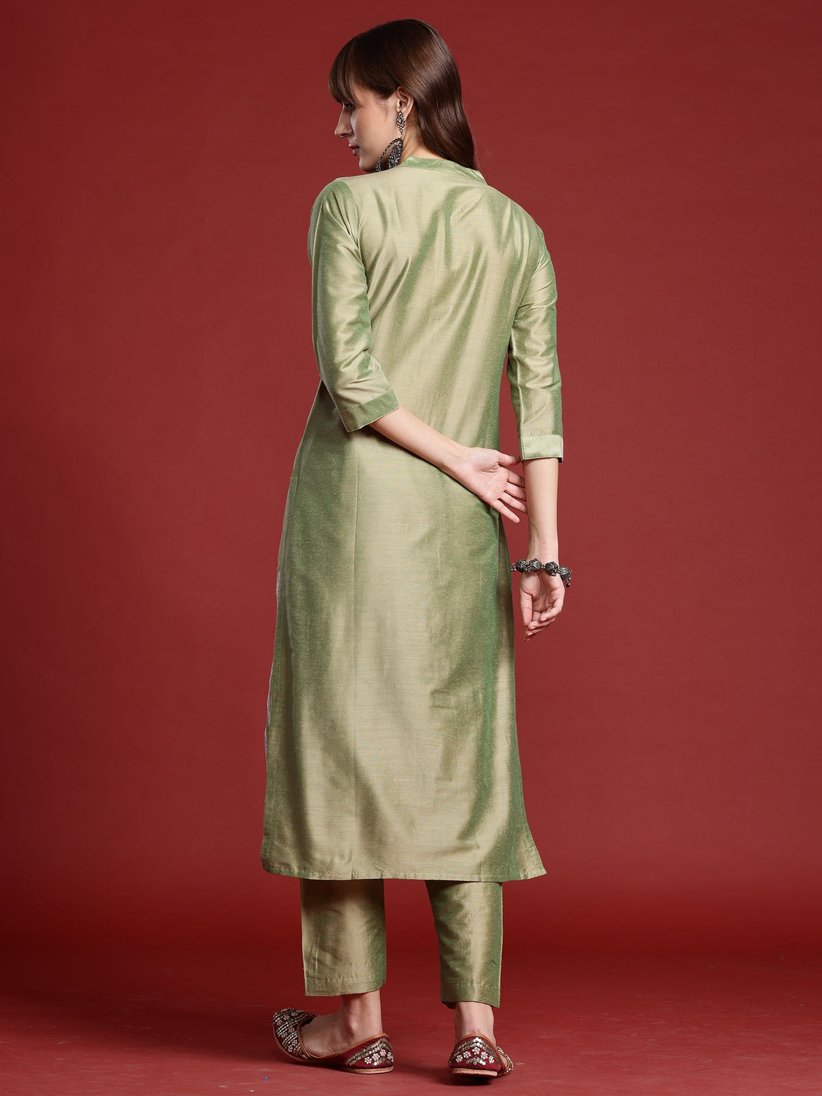 Indo Era Green Embroidered Straight Kurta Trousers set | Grocsy