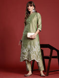 Indo Era Green Embroidered Straight Kurta Trousers set | Grocsy