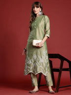 Indo Era Green Embroidered Straight Kurta Trousers set | Grocsy