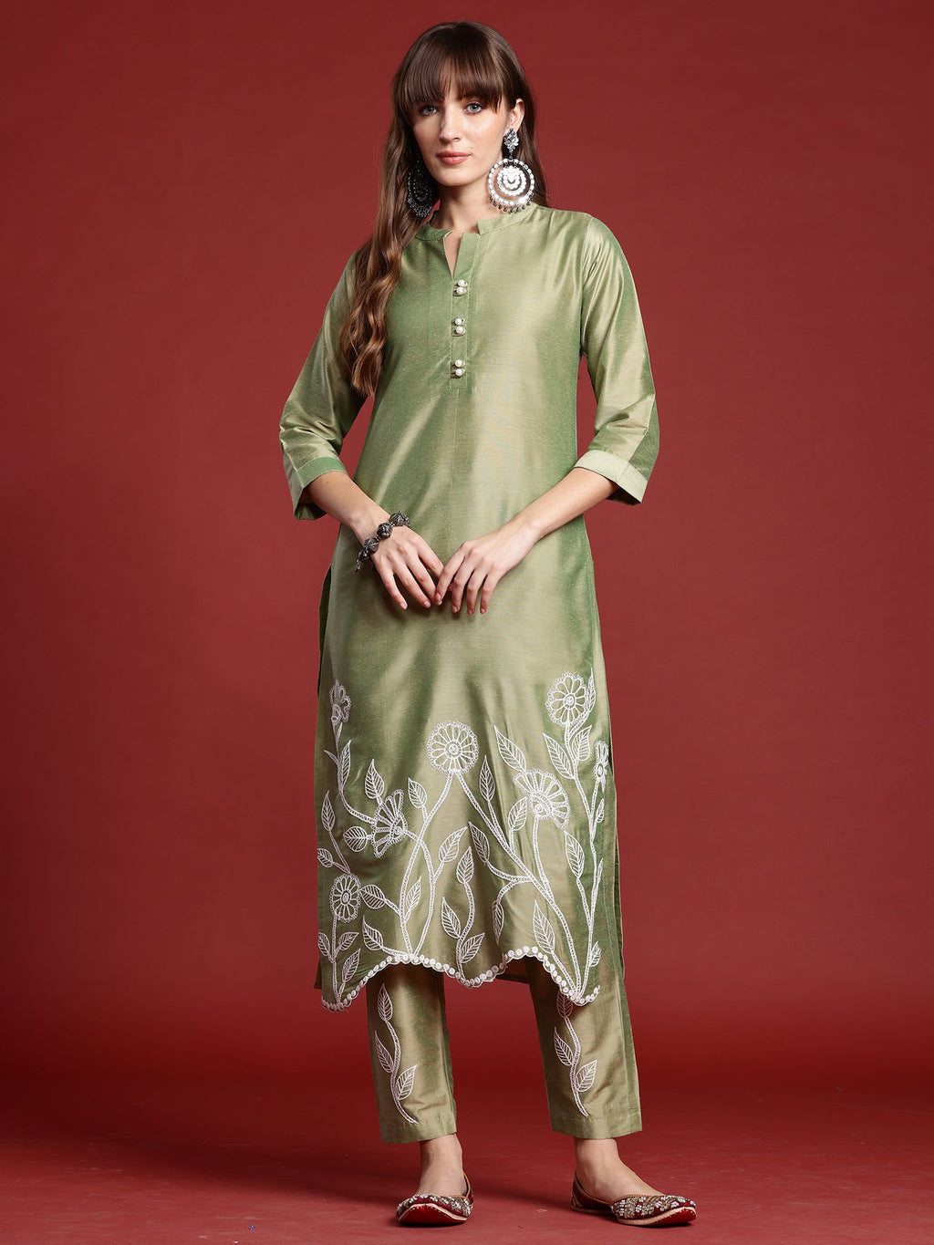 Indo Era Green Embroidered Straight Kurta Trousers set | Grocsy