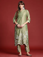 Indo Era Green Embroidered Straight Kurta Trousers set | Grocsy