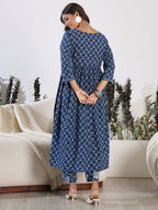 Indo Era Blue Printed A-Line Kurta Trousers set | Grocsy