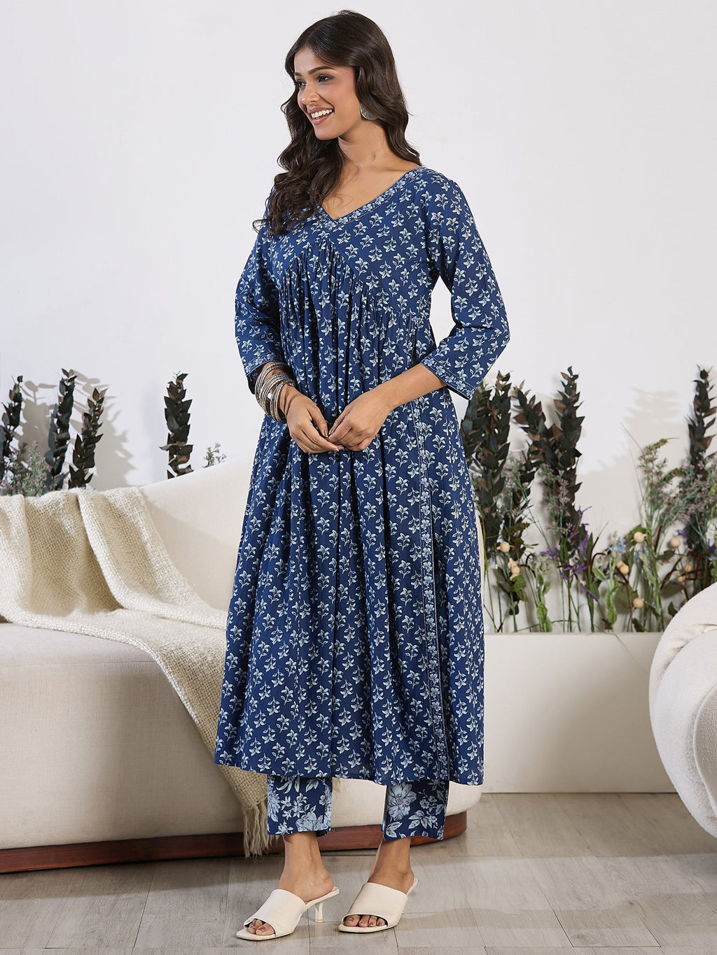 Indo Era Blue Printed A-Line Kurta Trousers set | Grocsy