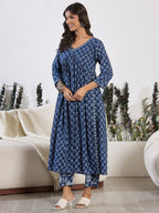 Indo Era Blue Printed A-Line Kurta Trousers set | Grocsy