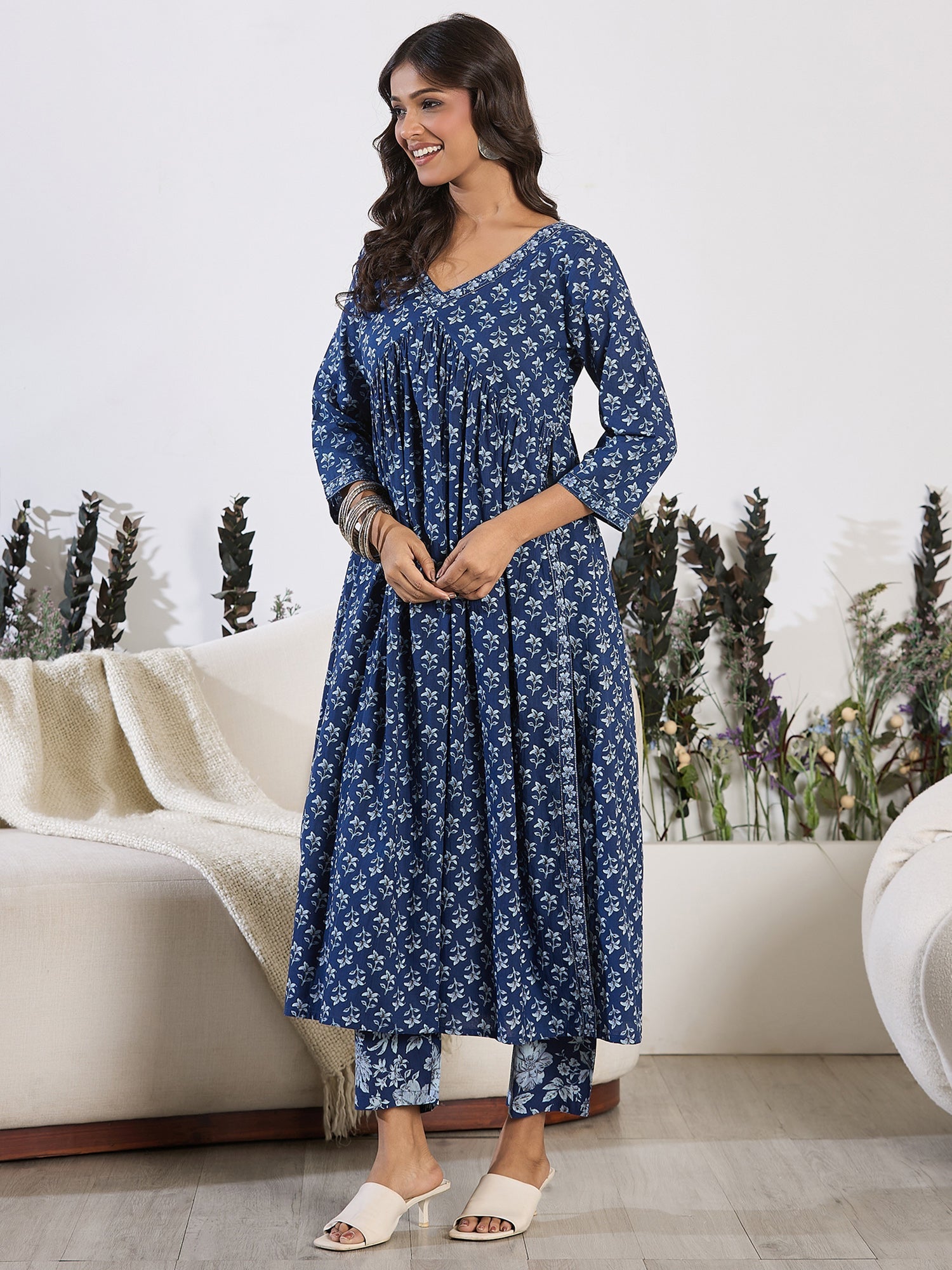 Indo Era Blue Printed A-Line Kurta Trousers set | Grocsy