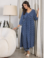 Indo Era Blue Printed A-Line Kurta Trousers set | Grocsy