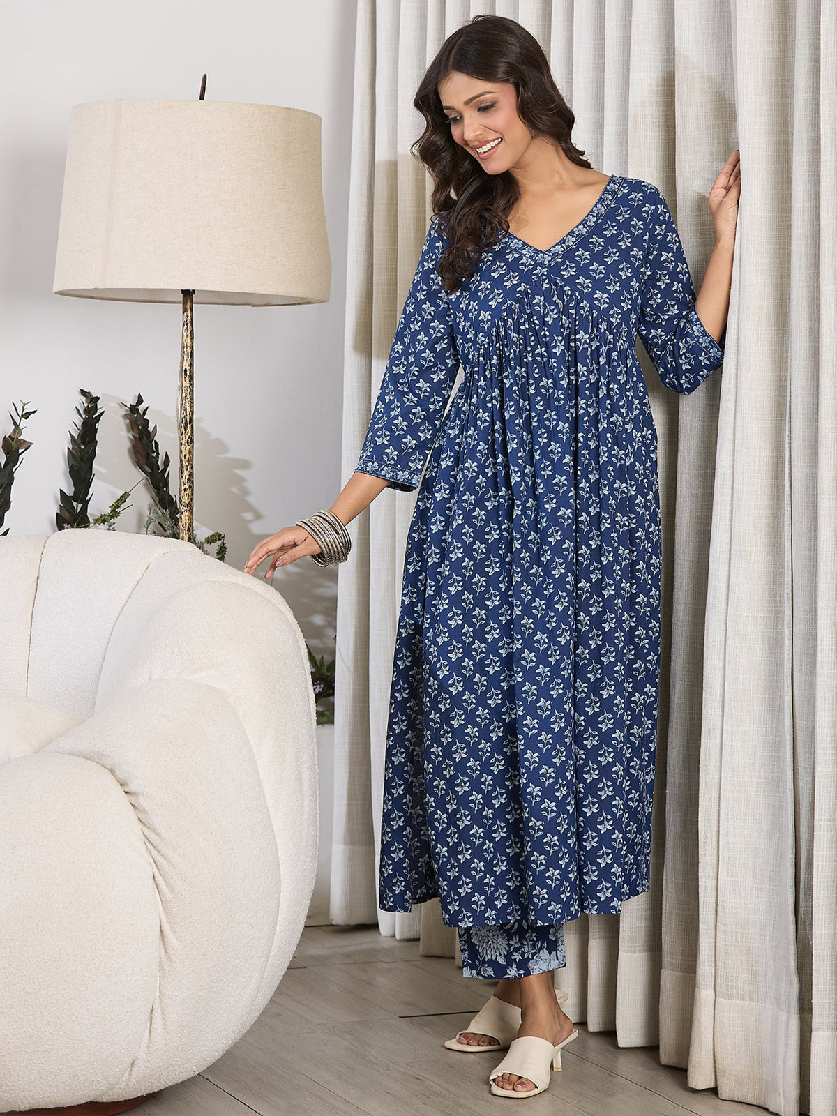 Indo Era Blue Printed A-Line Kurta Trousers set | Grocsy