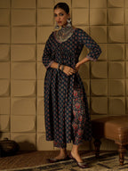 Indo Era Teal Printed A-Line Kurta Trousers set | Grocsy