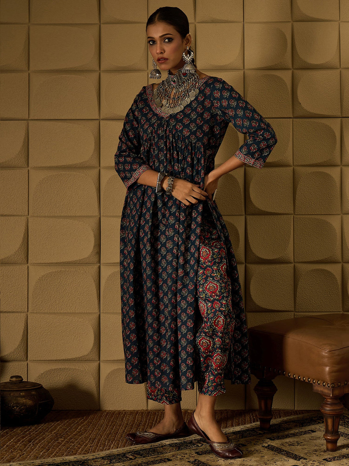 Indo Era Teal Printed A-Line Kurta Trousers set | Grocsy