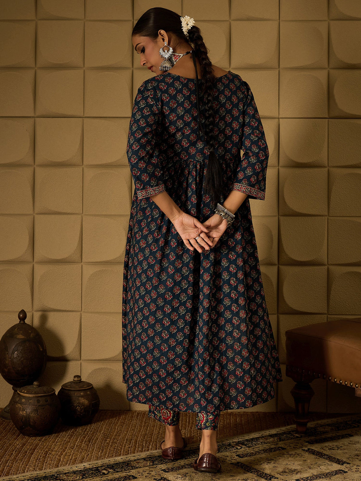 Indo Era Teal Printed A-Line Kurta Trousers set | Grocsy