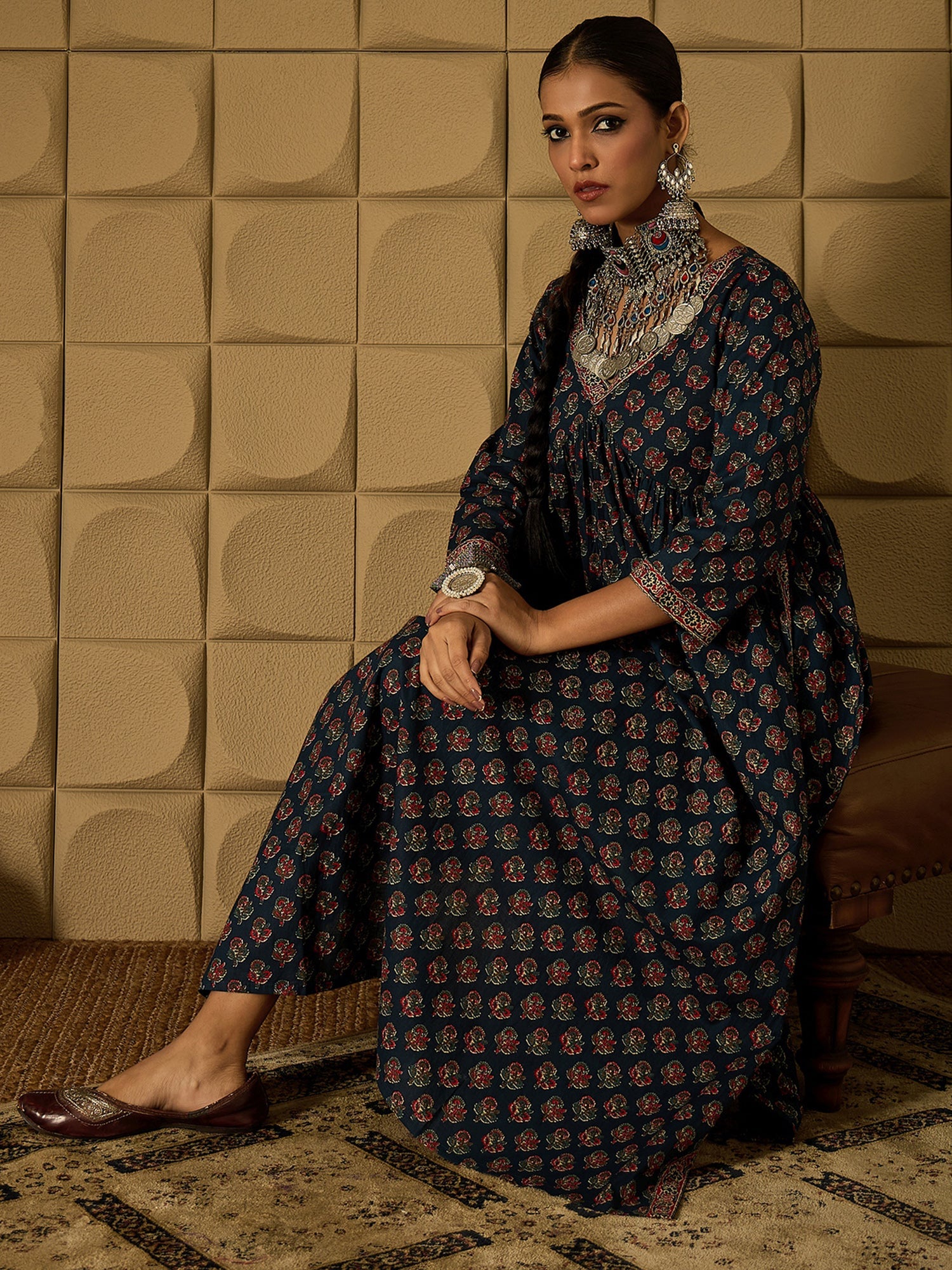 Indo Era Teal Printed A-Line Kurta Trousers set | Grocsy
