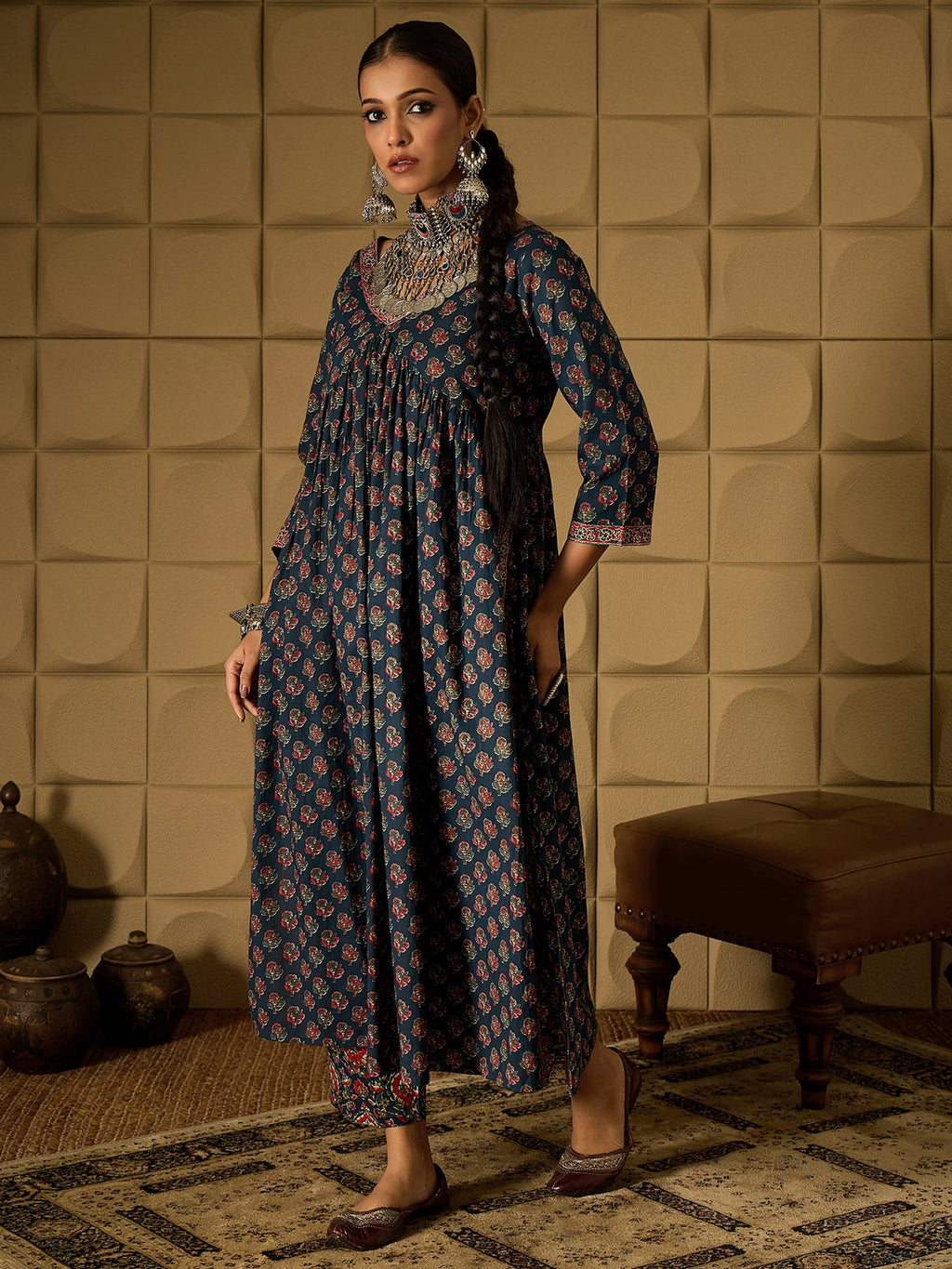 Indo Era Teal Printed A-Line Kurta Trousers set | Grocsy