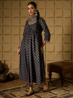 Indo Era Teal Printed A-Line Kurta Trousers set | Grocsy