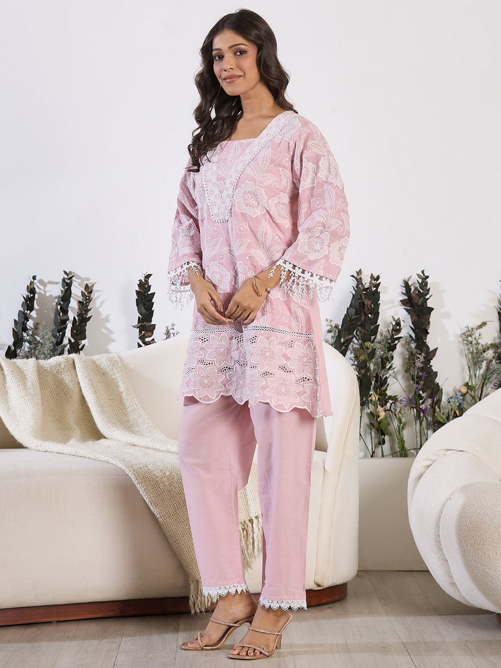 Indo Era Pink Embroidered A-Line Kurta Trousers set | Grocsy