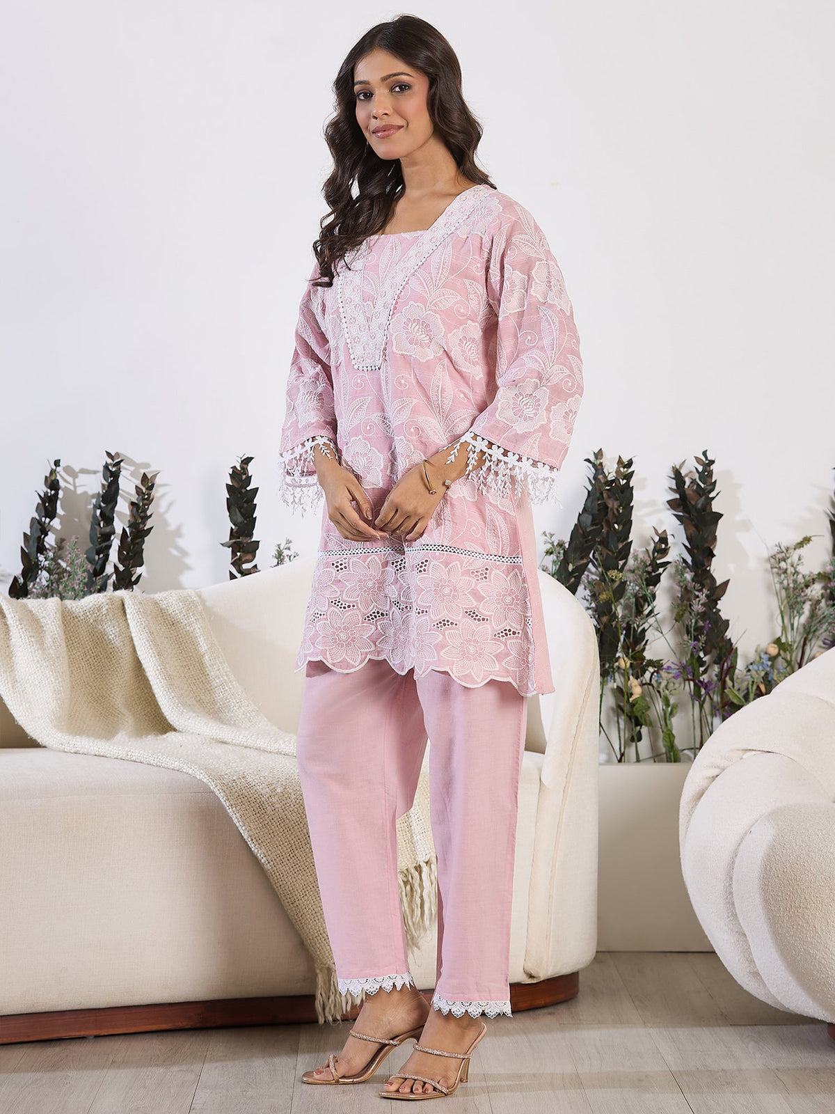 Indo Era Pink Embroidered A-Line Kurta Trousers set | Grocsy
